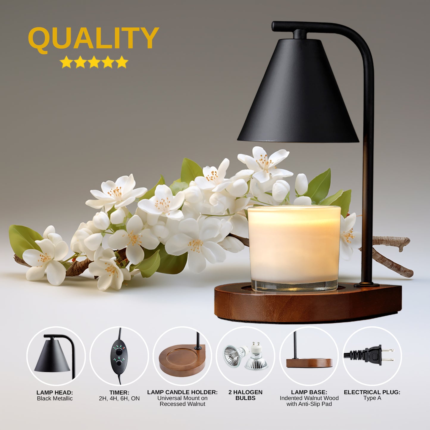 Embilights Smokeless Candle Wax Warmer Lamp - for Home Décor - Adjustable Dimmer and Timer Switch - Wooden Base & 2 Bulbs Included
